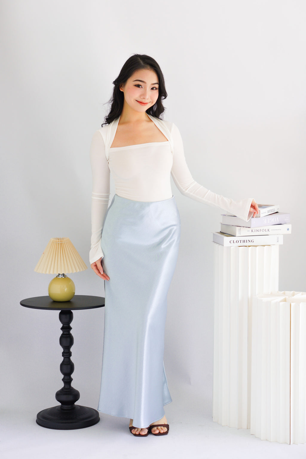 Elira Maxi A-line Satin Skirt in Light Blue