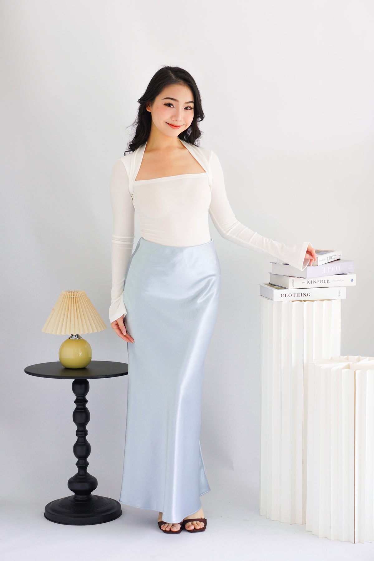 Elira Maxi A-line Satin Skirt in Light Blue