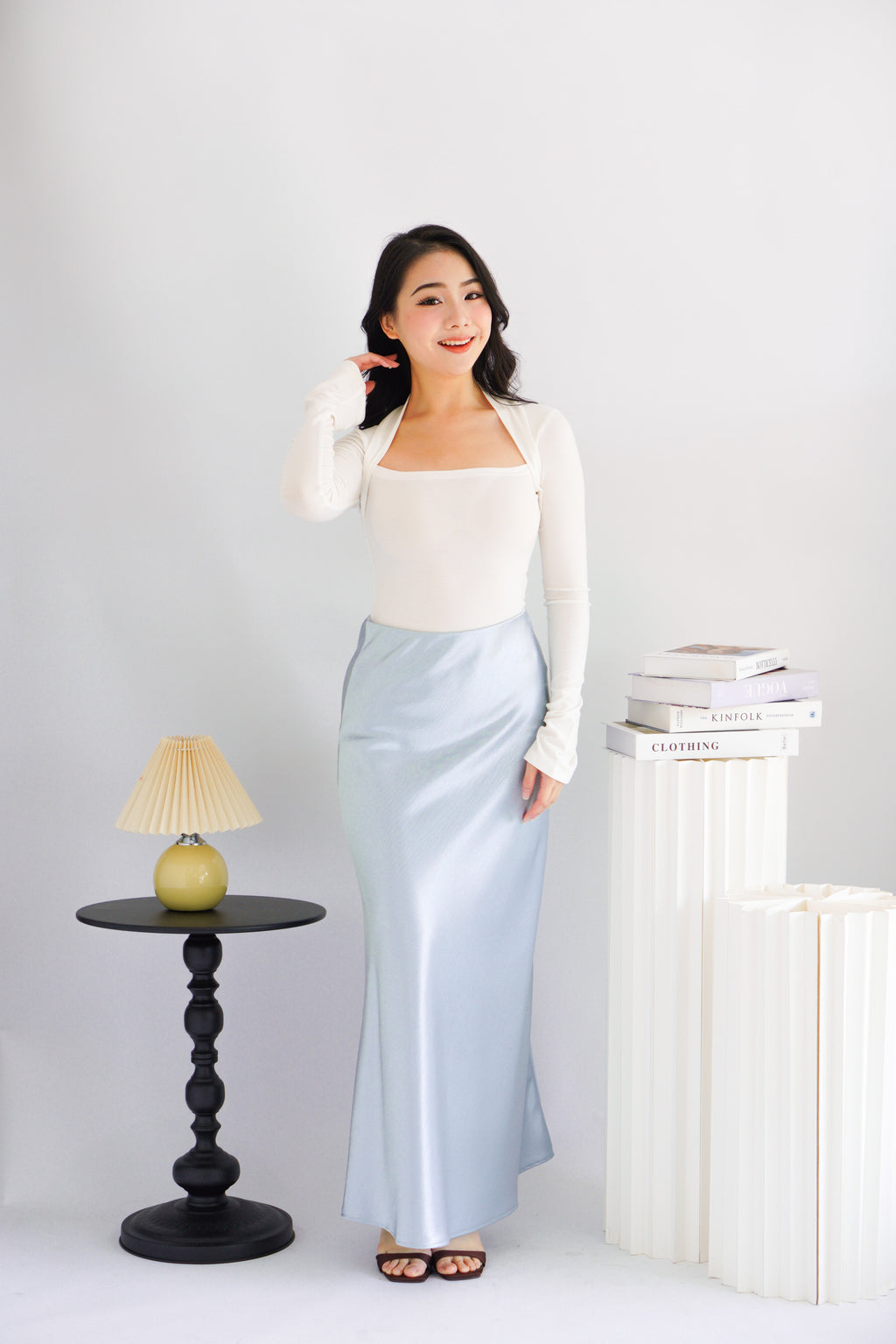 Elira Maxi A-line Satin Skirt in Light Blue