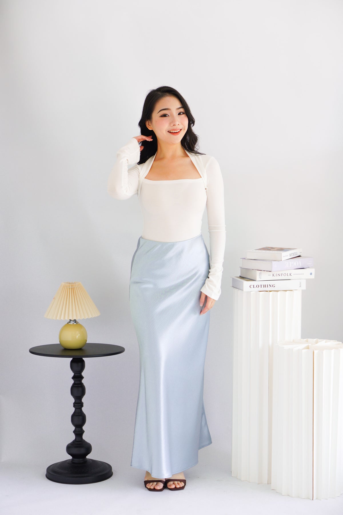 Elira Maxi A-line Satin Skirt in Light Blue