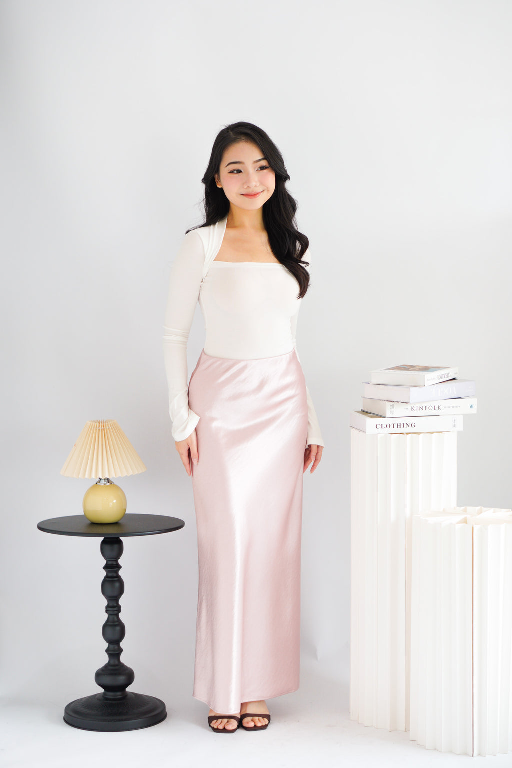 Elira Maxi A-line Satin Skirt in Pink