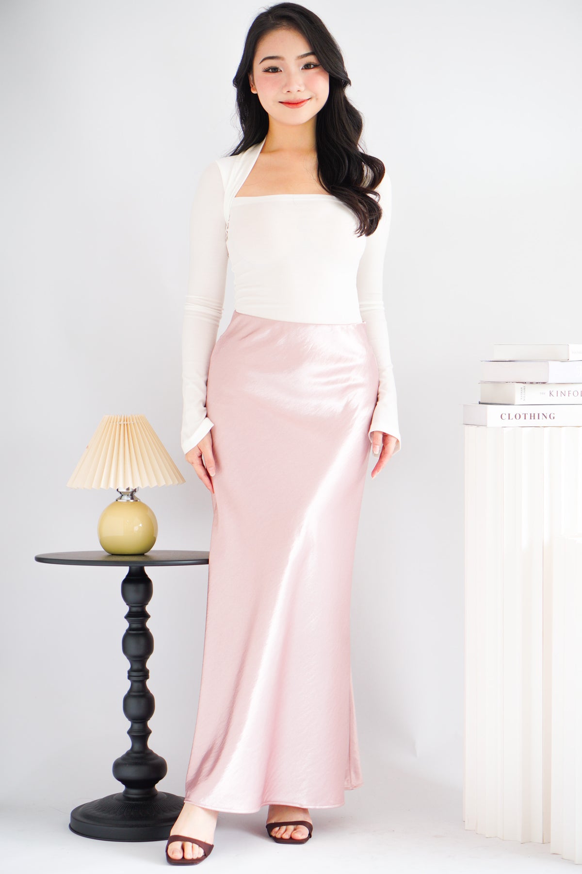 Elira Maxi A-line Satin Skirt in Pink