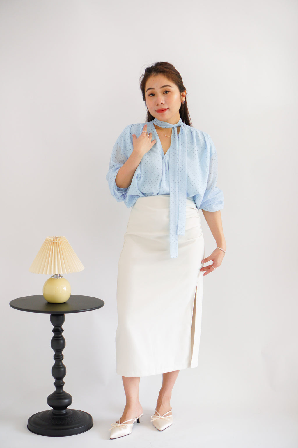 Truth Polkadot Long Sleeve Blouse Top in Light Blue