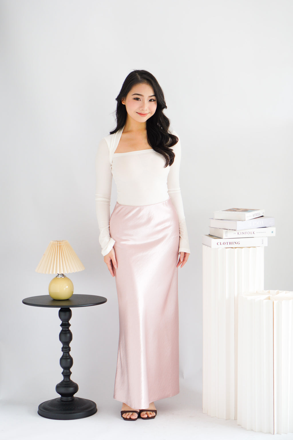 Elira Maxi A-line Satin Skirt in Pink