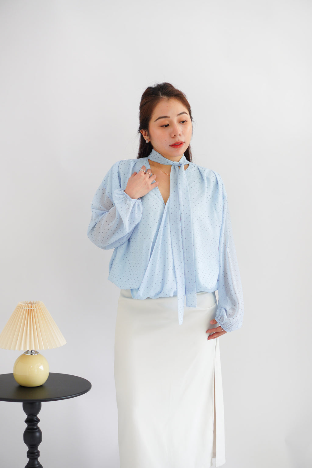 Truth Polkadot Long Sleeve Blouse Top in Light Blue