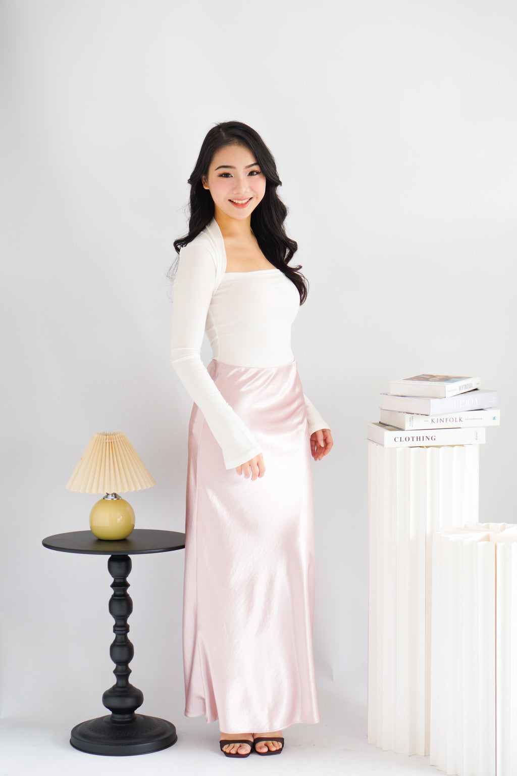 Elira Maxi A-line Satin Skirt in Pink