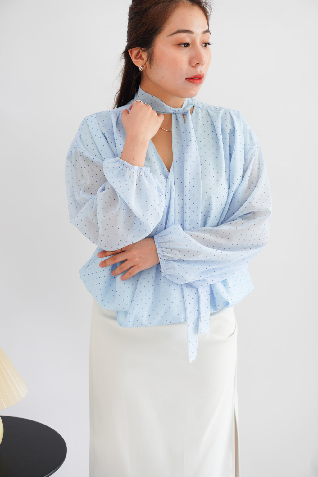 Truth Polkadot Long Sleeve Blouse Top in Light Blue