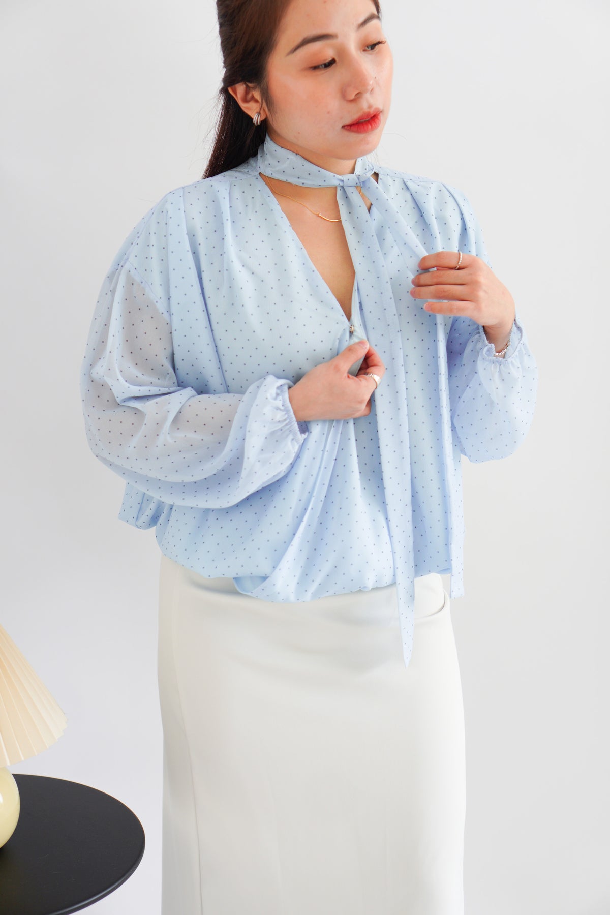 Truth Polkadot Long Sleeve Blouse Top in Light Blue
