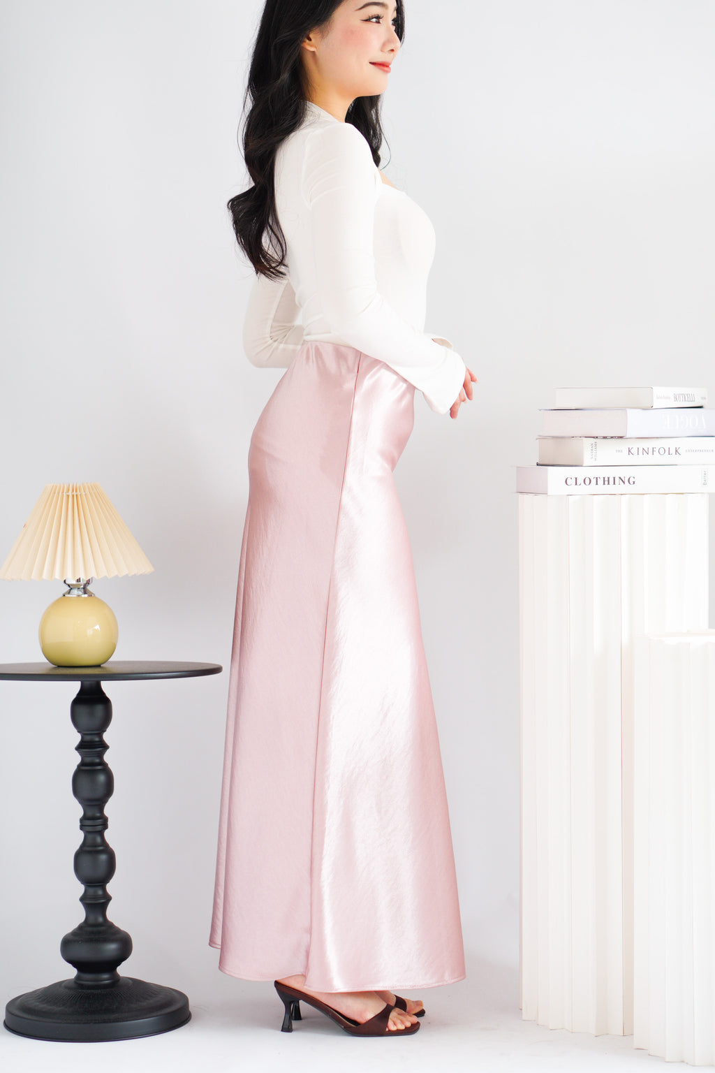 Elira Maxi A-line Satin Skirt in Pink