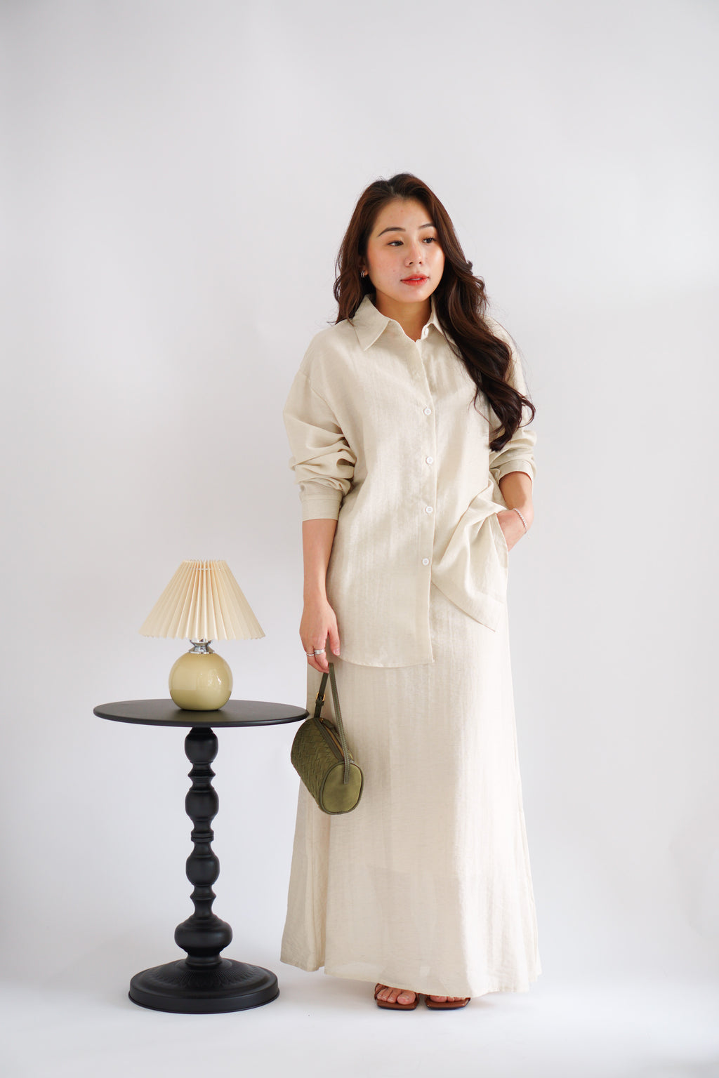 Renaya Linen Long Sleeve Button Down Skirt Set in Beige