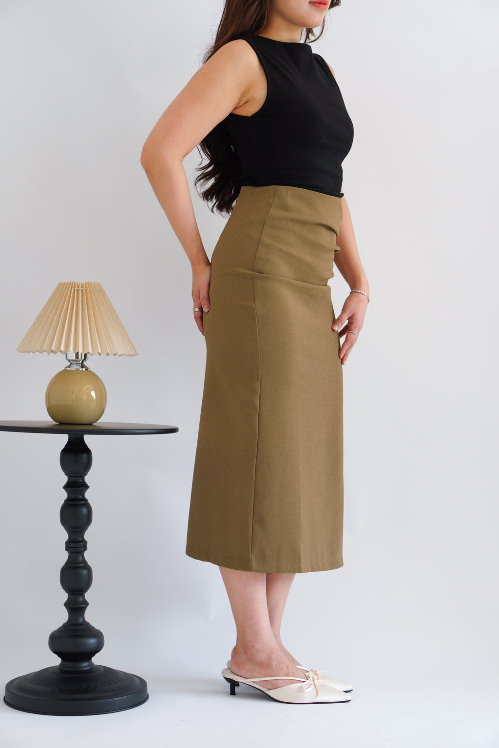 Kora Ruched Bodycon Midi Skirt in Khaki