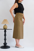 Kora Ruched Bodycon Midi Skirt in Khaki