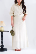 Renaya Linen Long Sleeve Button Down Skirt Set in Beige