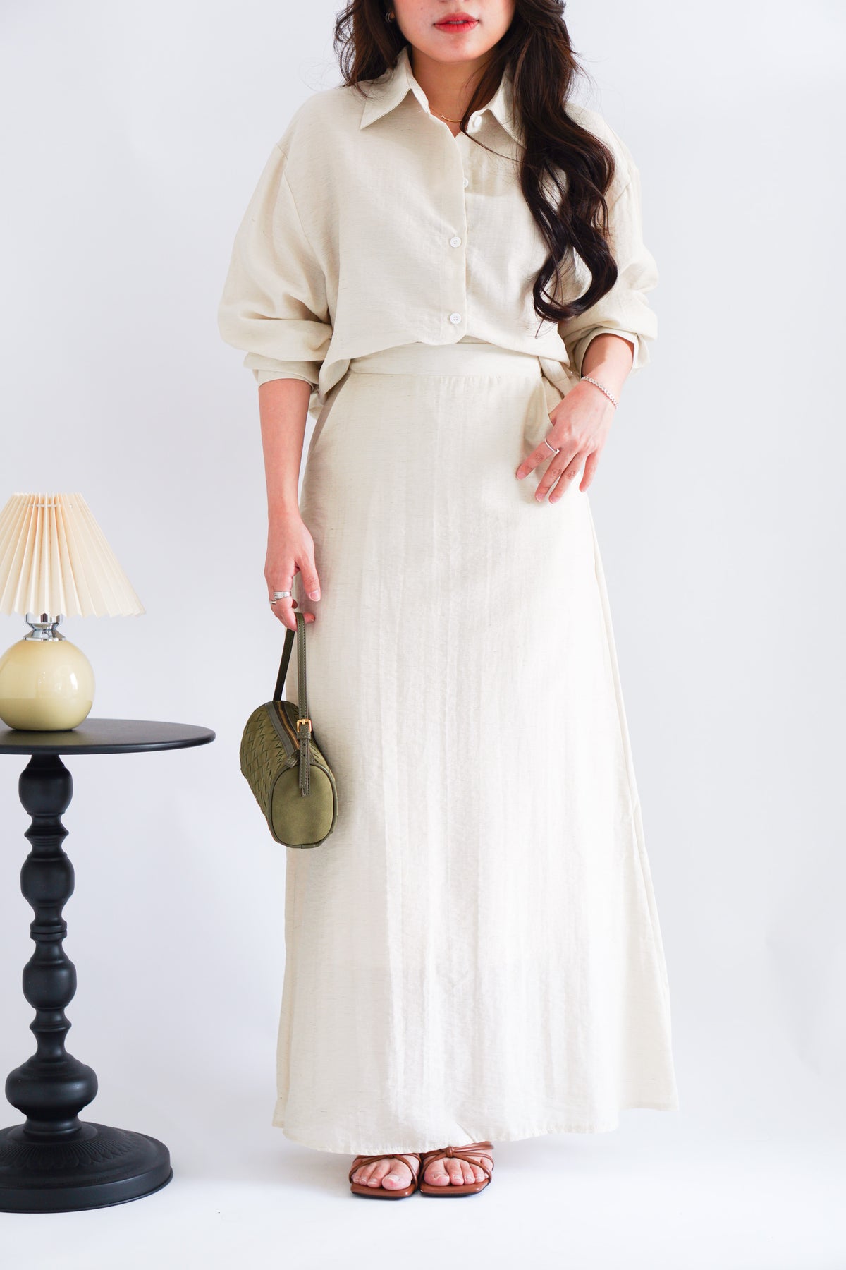 Renaya Linen Long Sleeve Button Down Skirt Set in Beige