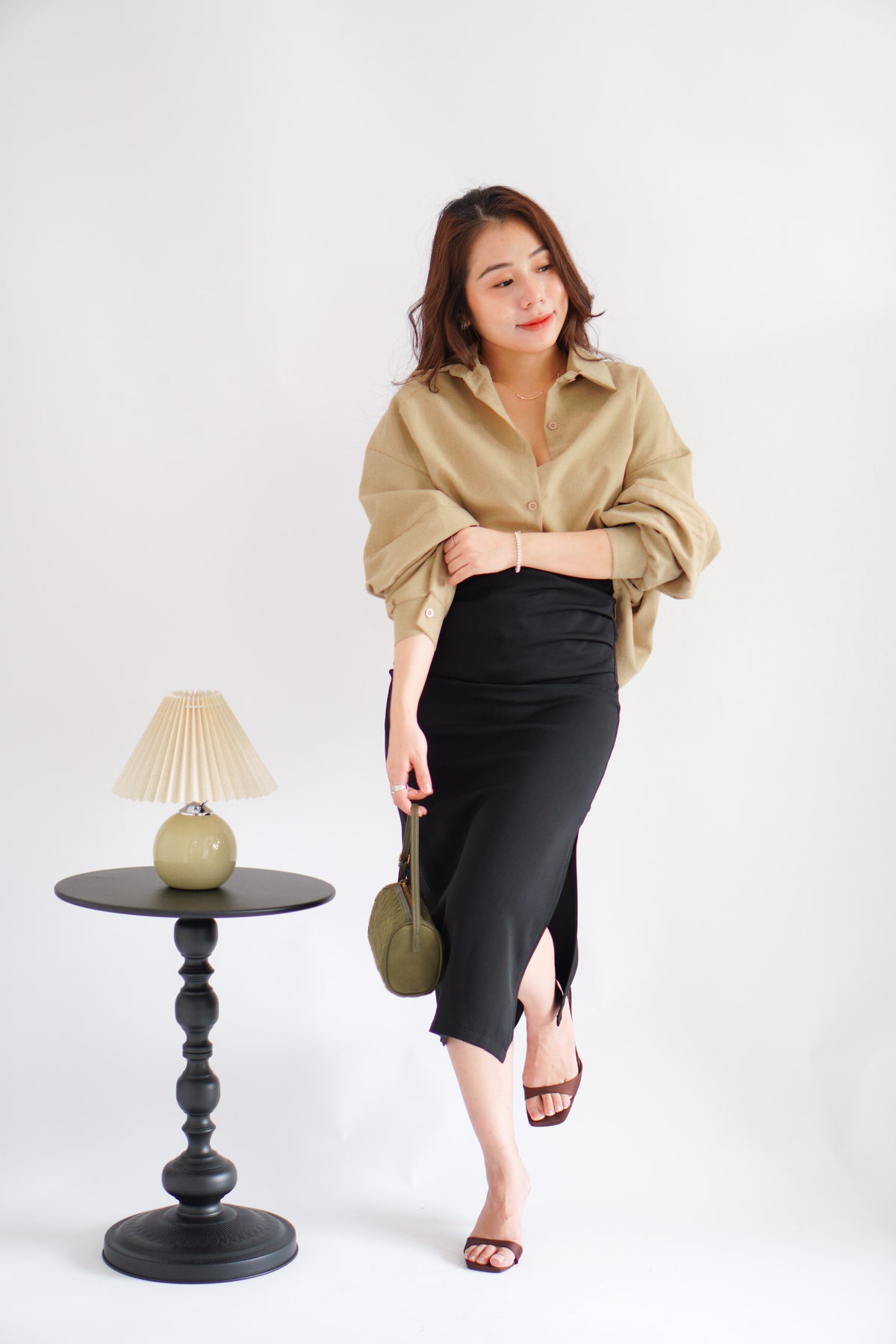 Narae Collar Button Down Top in Khaki