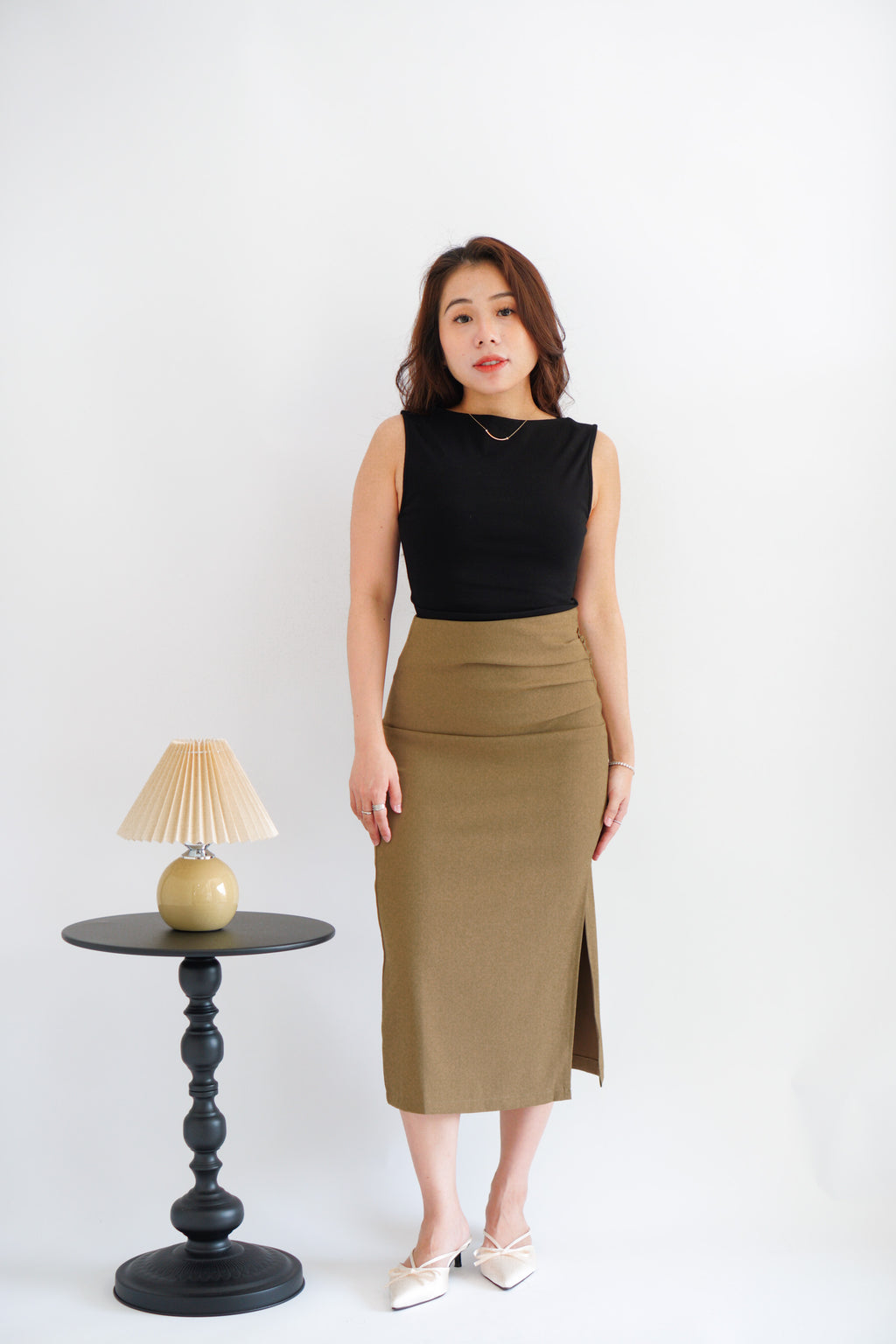 Kora Ruched Bodycon Midi Skirt in Khaki