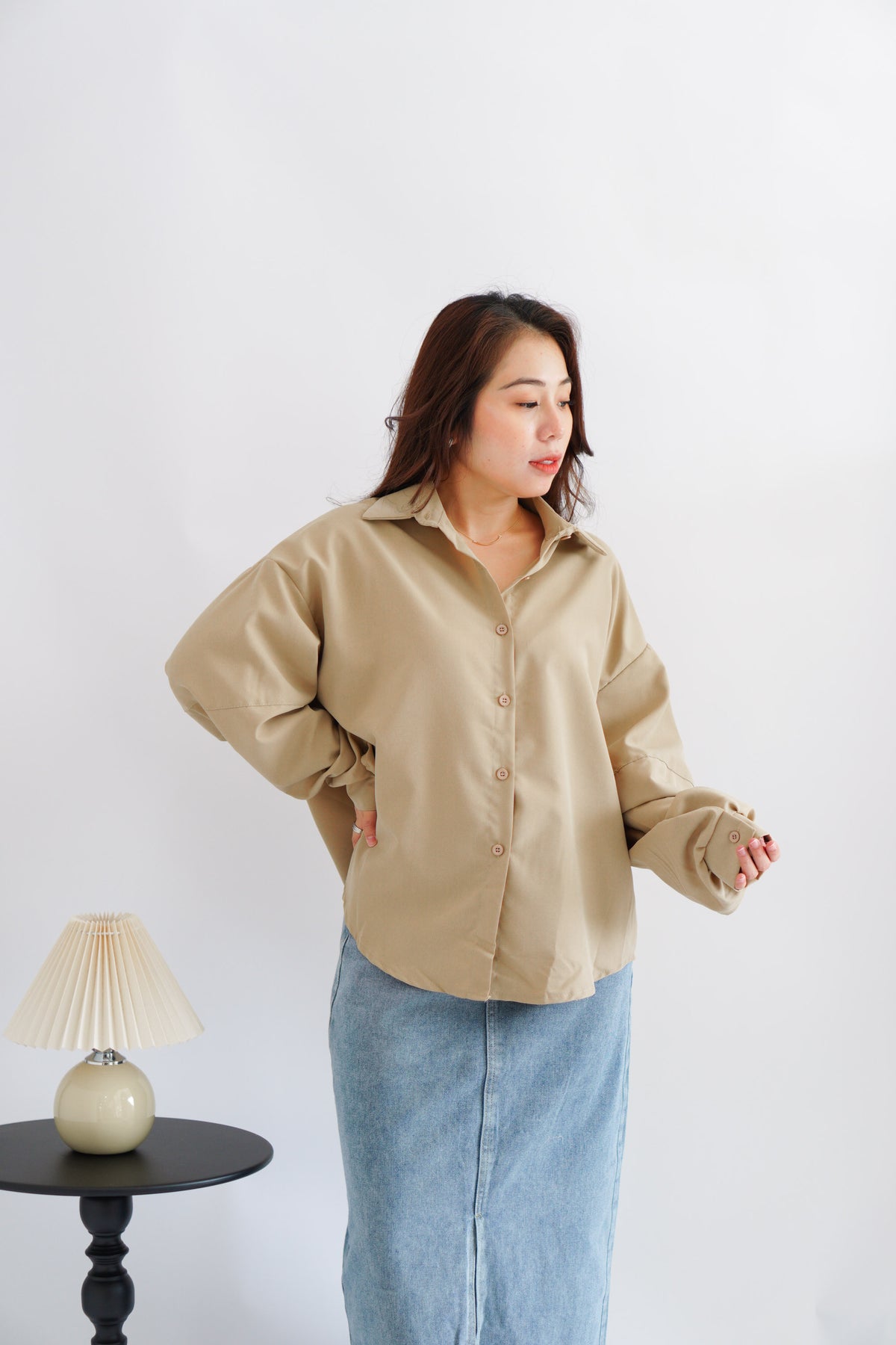 Narae Collar Button Down Top in Khaki