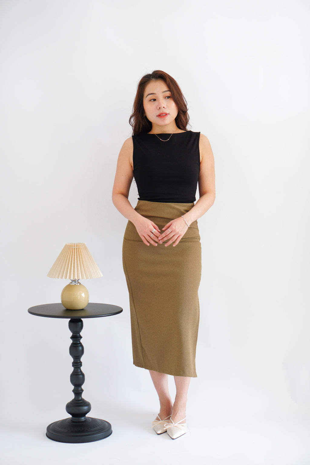 Kora Ruched Bodycon Midi Skirt in Khaki