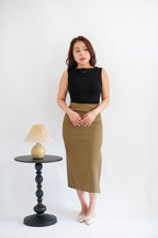 Kora Ruched Bodycon Midi Skirt in Khaki