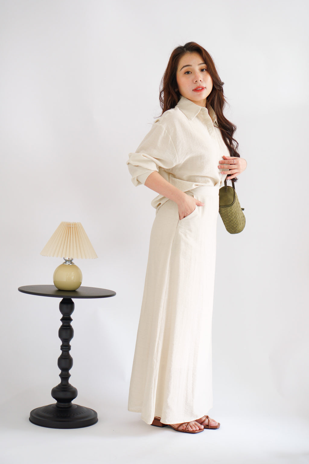 Renaya Linen Long Sleeve Button Down Skirt Set in Beige