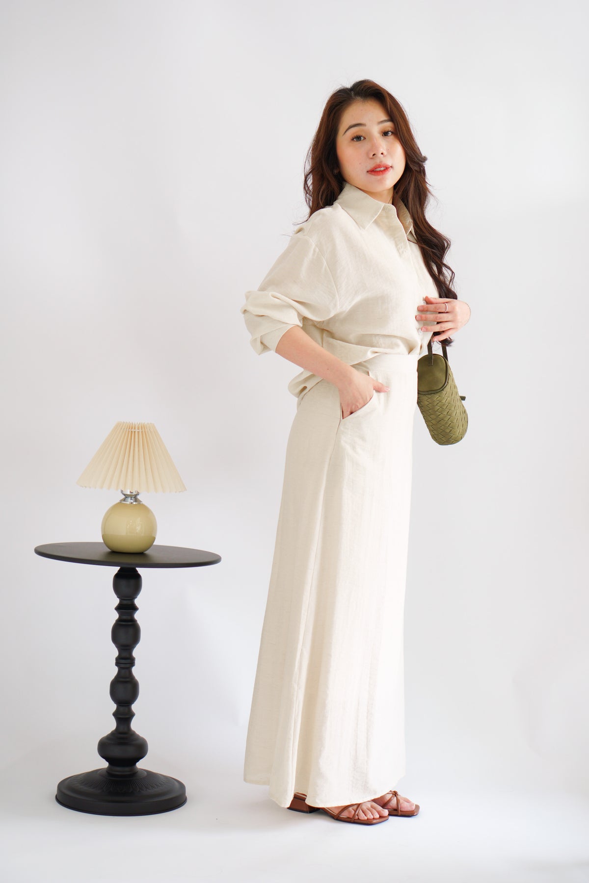 Renaya Linen Long Sleeve Button Down Skirt Set in Beige