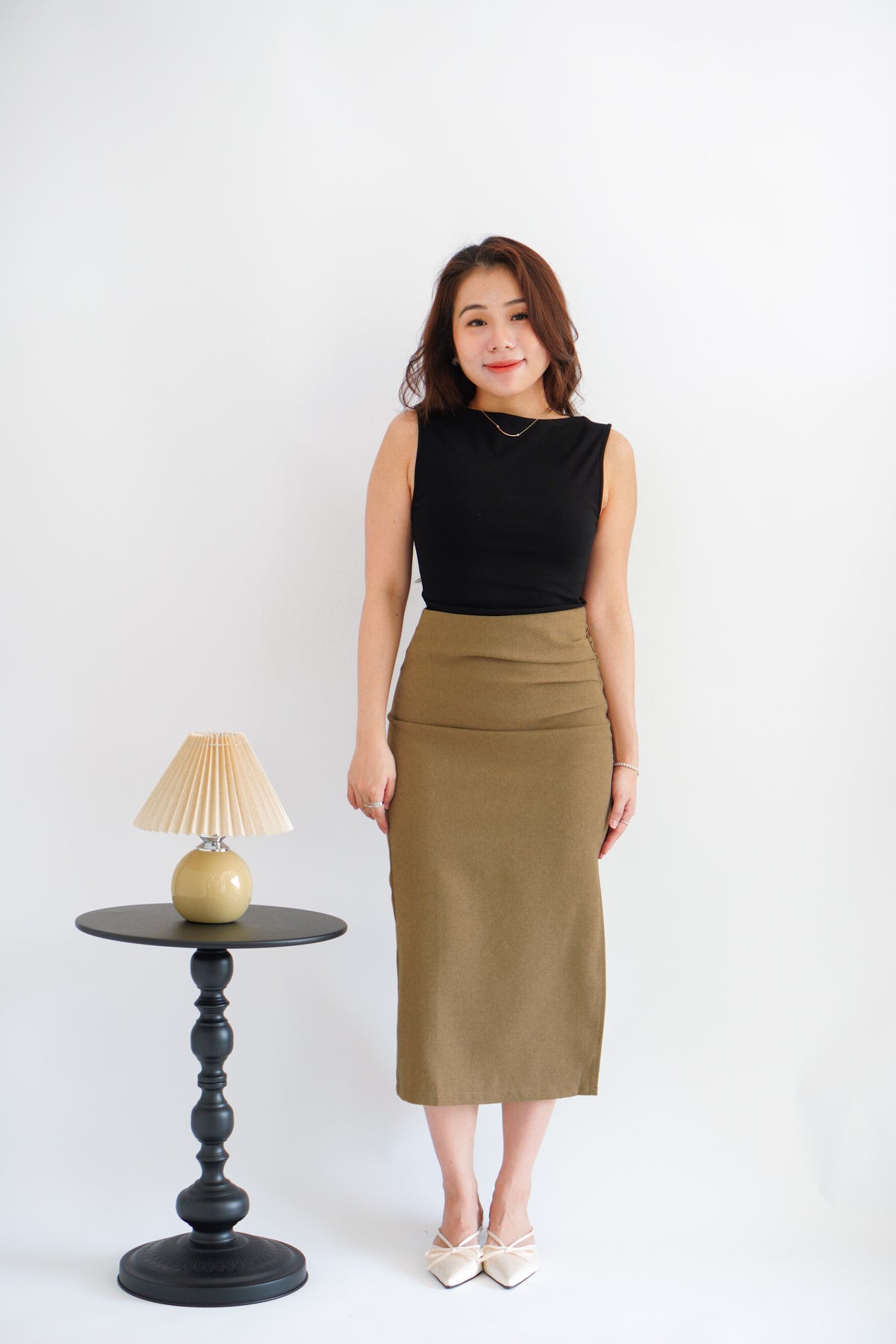 Kora Ruched Bodycon Midi Skirt in Khaki