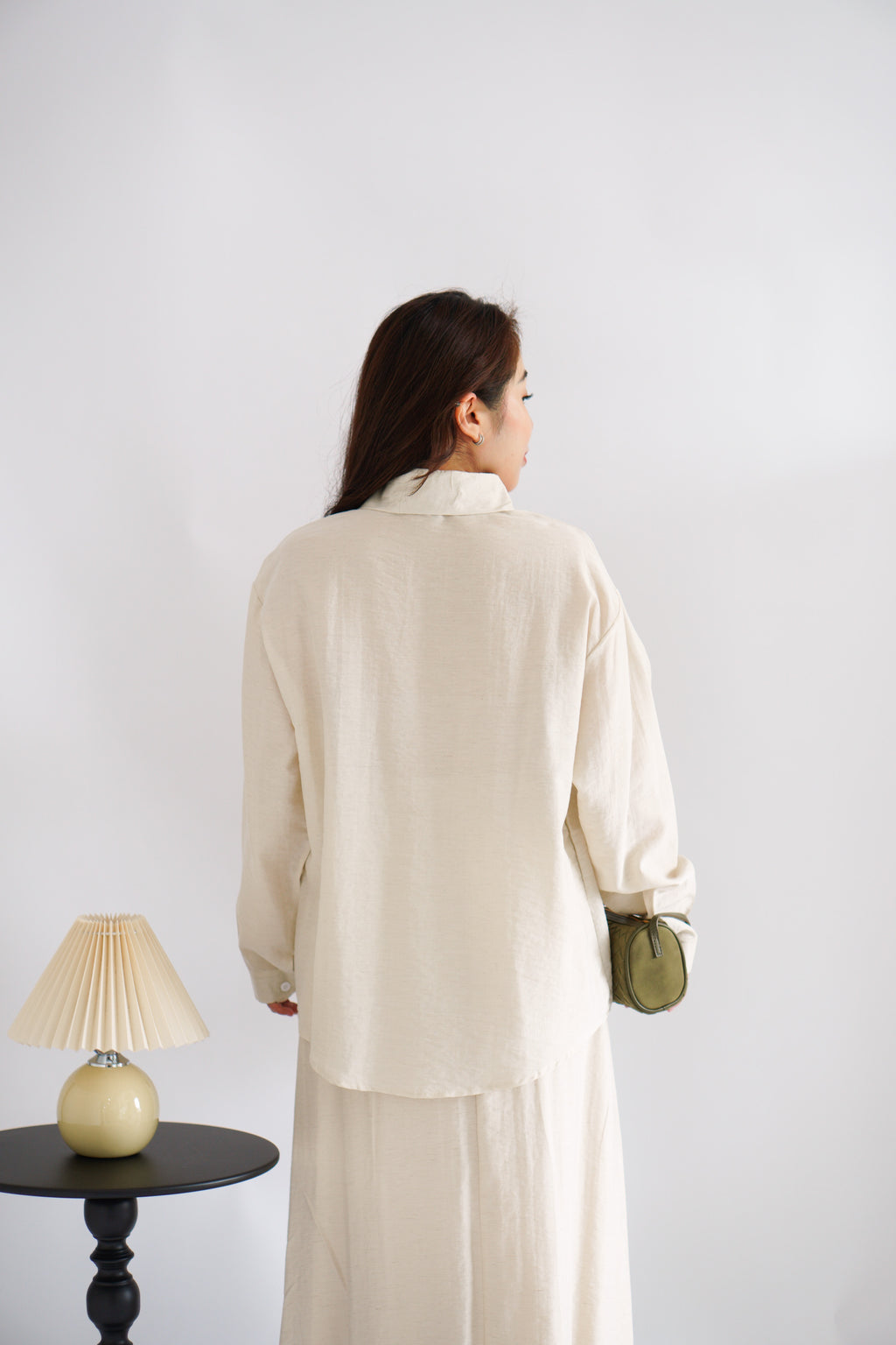 Renaya Linen Long Sleeve Button Down Skirt Set in Beige