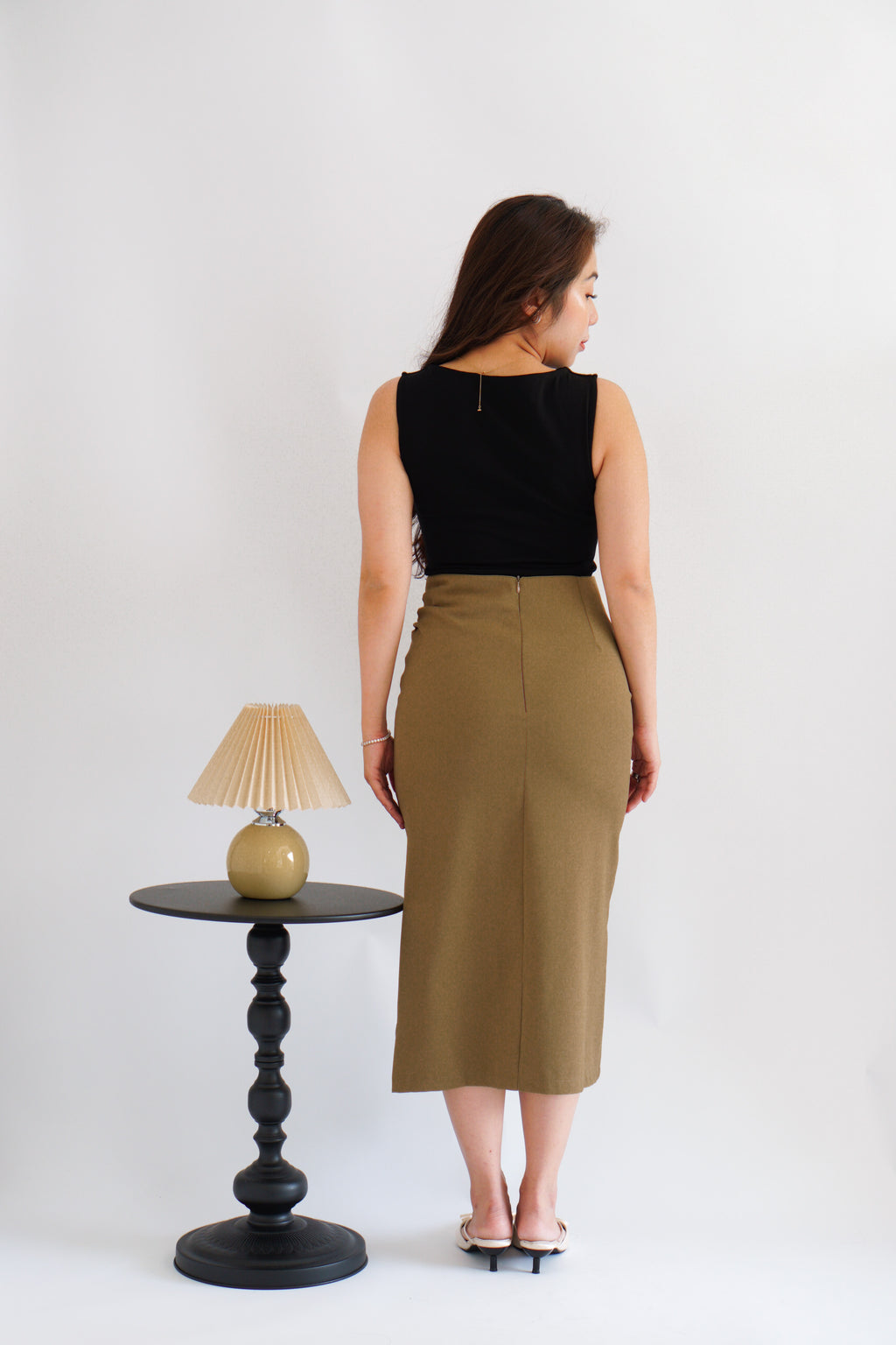 Kora Ruched Bodycon Midi Skirt in Khaki