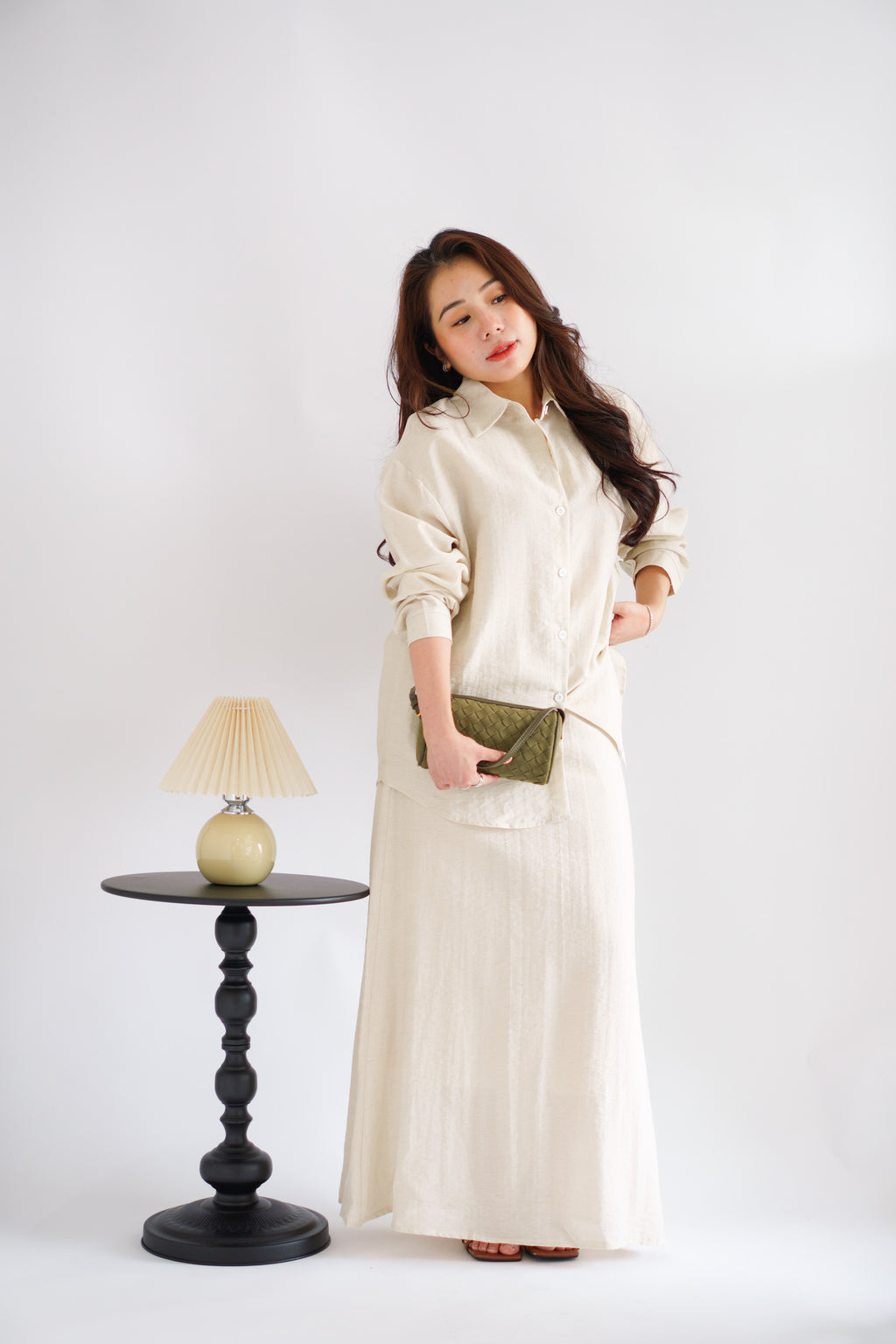 Renaya Linen Long Sleeve Button Down Skirt Set in Beige