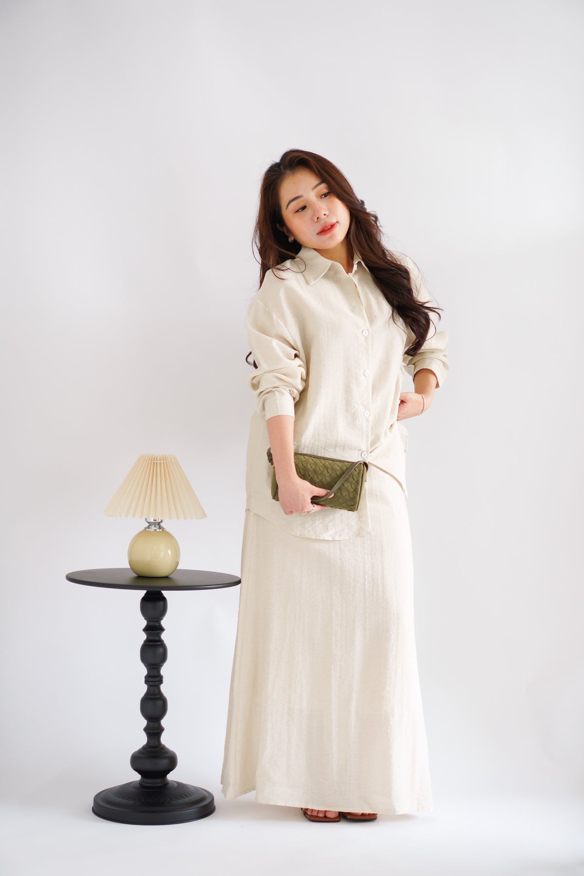 Renaya Linen Long Sleeve Button Down Skirt Set in Beige