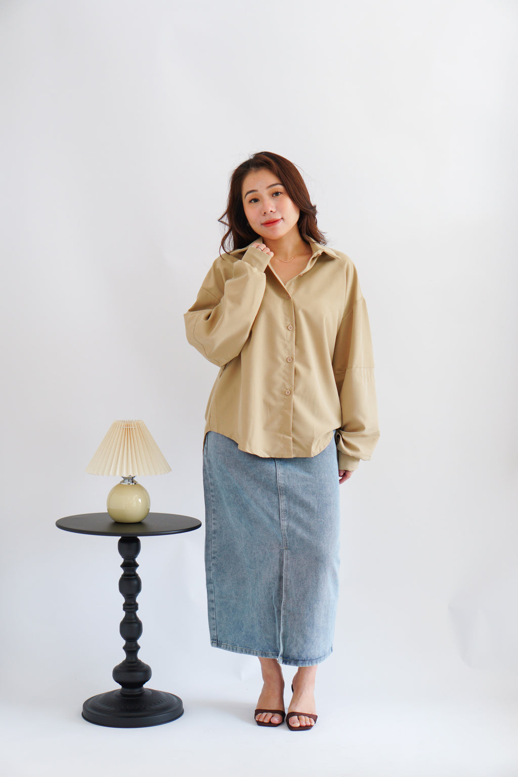 Narae Collar Button Down Top in Khaki