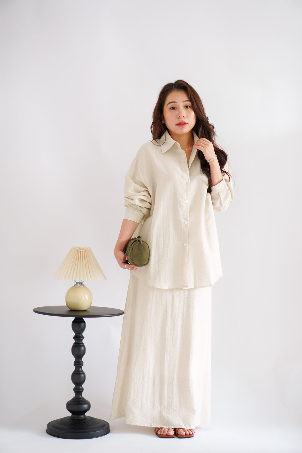 Renaya Linen Long Sleeve Button Down Skirt Set in Beige