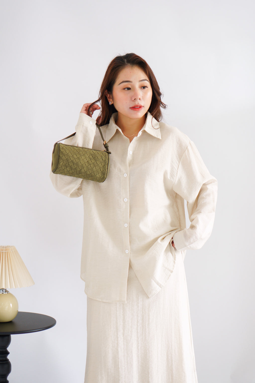 Renaya Linen Long Sleeve Button Down Skirt Set in Beige