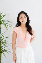 Siekka V Neck Padded Lace Ribbon Short Sleeves Top in Pink