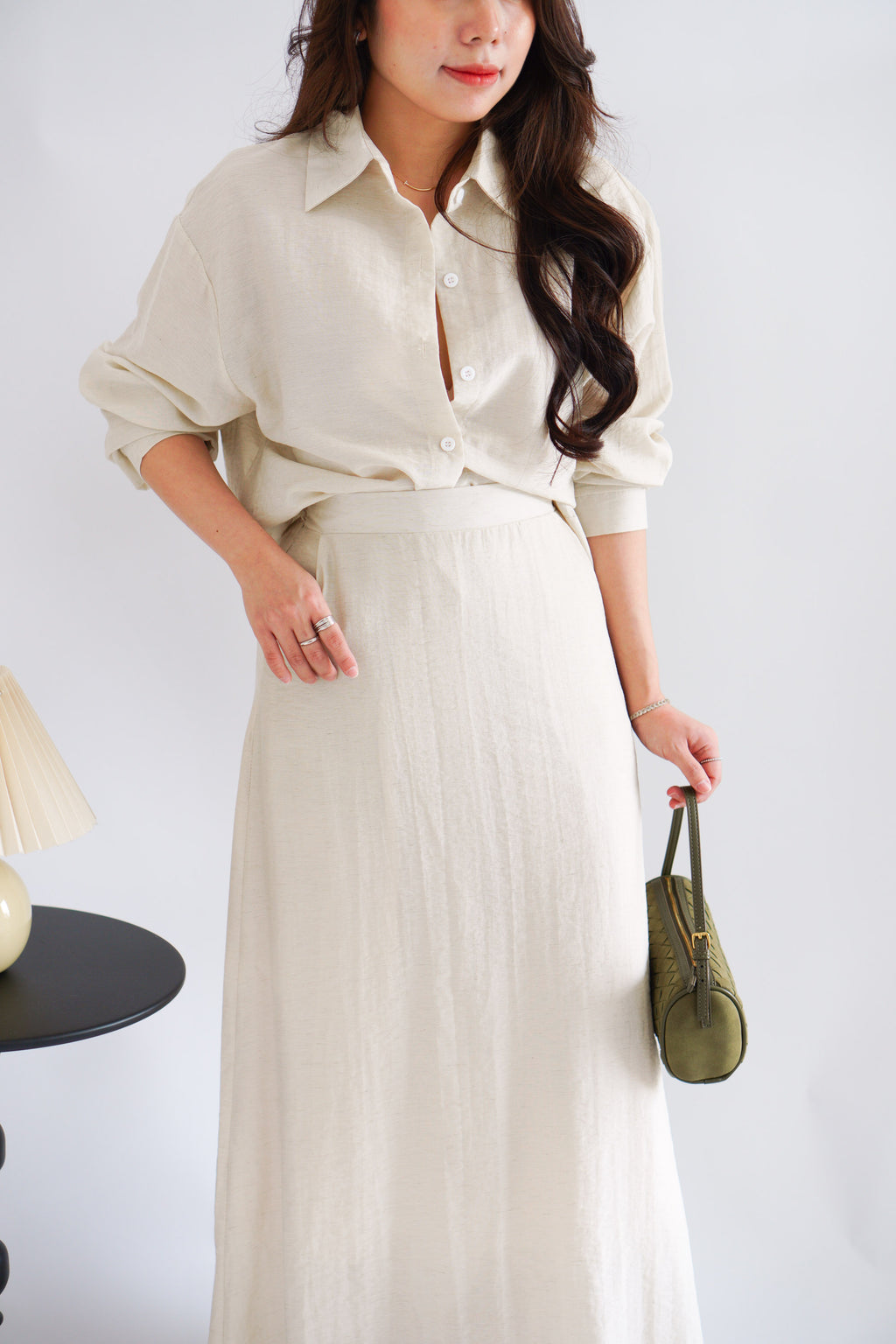 Renaya Linen Long Sleeve Button Down Skirt Set in Beige