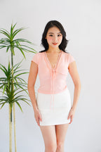 Siekka V Neck Padded Lace Ribbon Short Sleeves Top in Pink