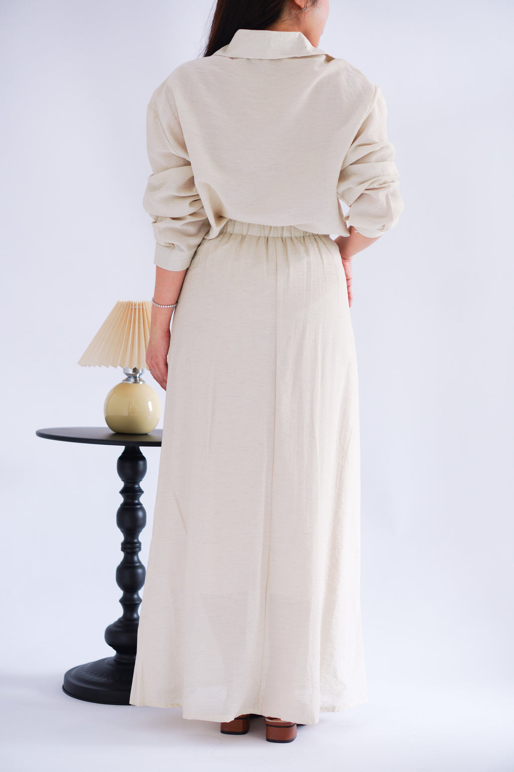 Renaya Linen Long Sleeve Button Down Skirt Set in Beige