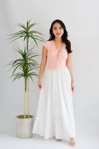 Siekka V Neck Padded Lace Ribbon Short Sleeves Top in Pink