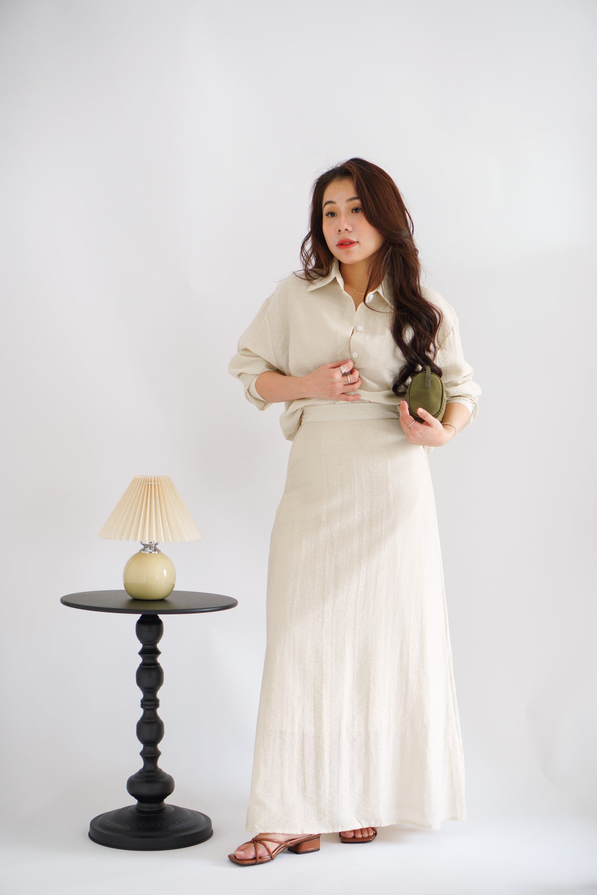Renaya Linen Long Sleeve Button Down Skirt Set in Beige