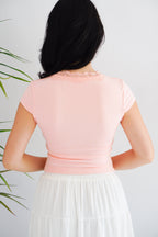 Siekka V Neck Padded Lace Ribbon Short Sleeves Top in Pink