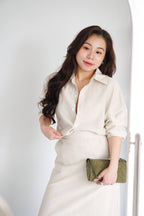 Renaya Linen Long Sleeve Button Down Skirt Set in Beige