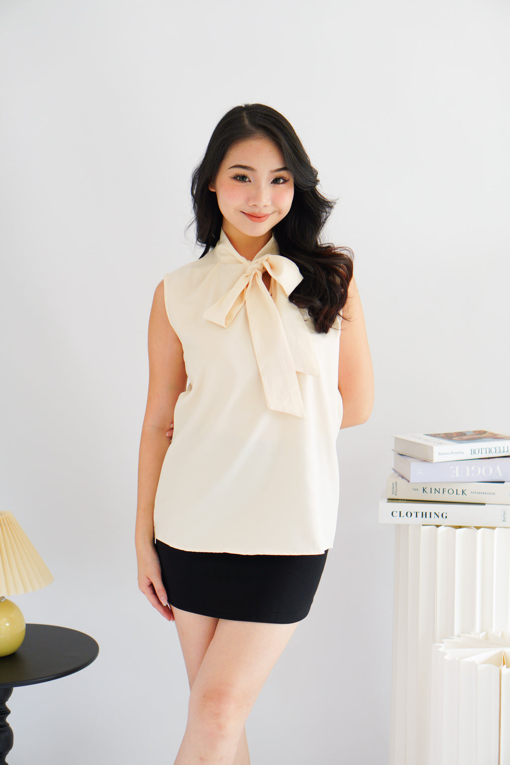 Rinda Sleeveless Bow Tie Top in Beige
