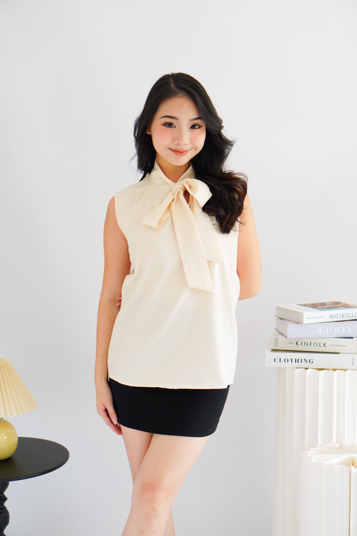 Rinda Sleeveless Bow Tie Top in Beige