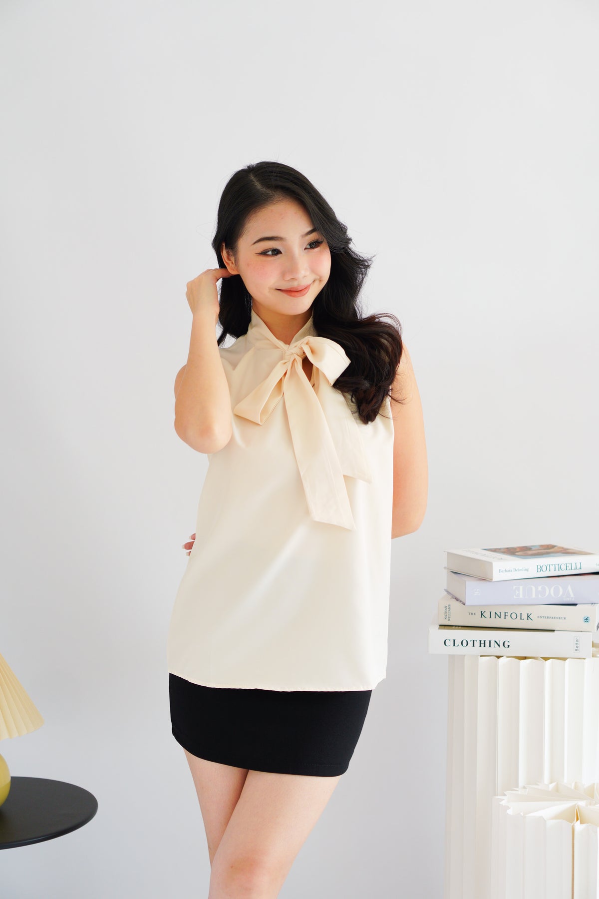 Rinda Sleeveless Bow Tie Top in Beige