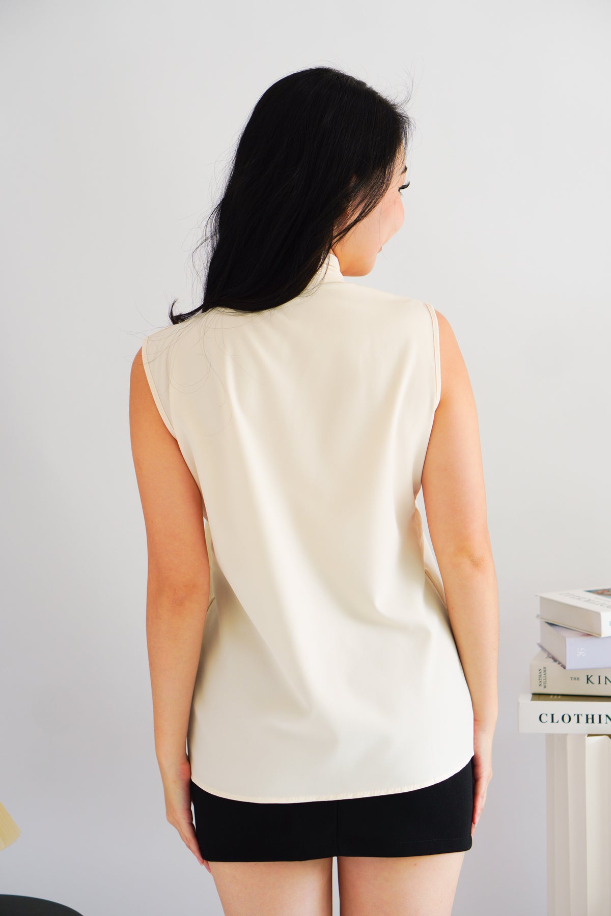 Rinda Sleeveless Bow Tie Top in Beige