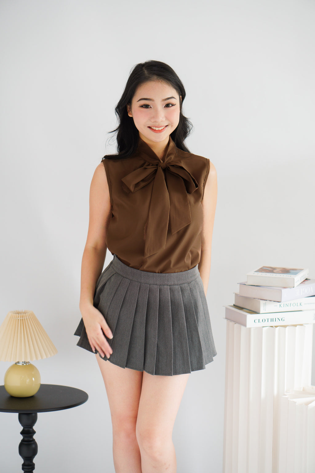 Rinda Sleeveless Bow Tie Top in Brown