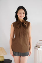 Rinda Sleeveless Bow Tie Top in Brown