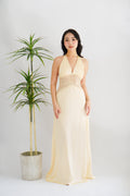 Auri Deep V Lace and Satin Maxi Dress in Light Yellow