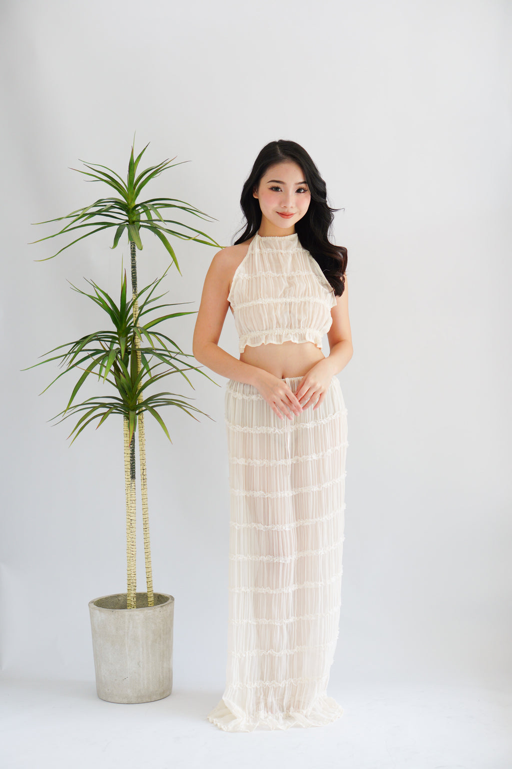 (COVER UP) Sun Dance Halter Neck Textured 2 Piece Set in Cream