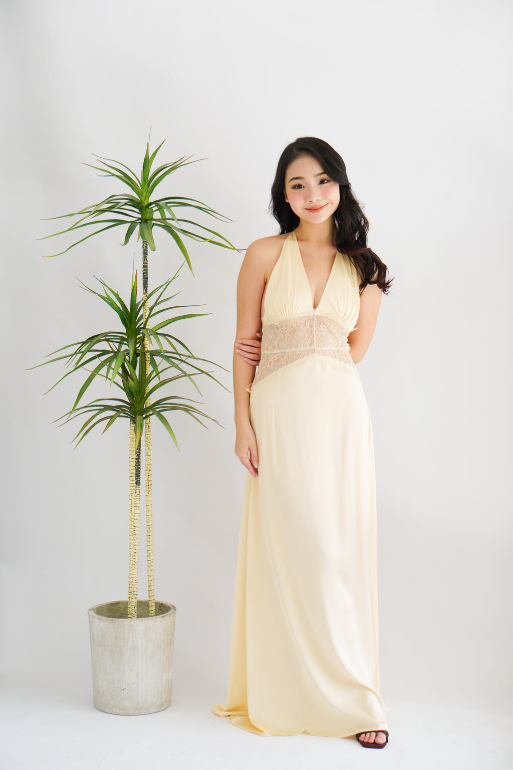 Auri Deep V Lace and Satin Maxi Dress in Light Yellow